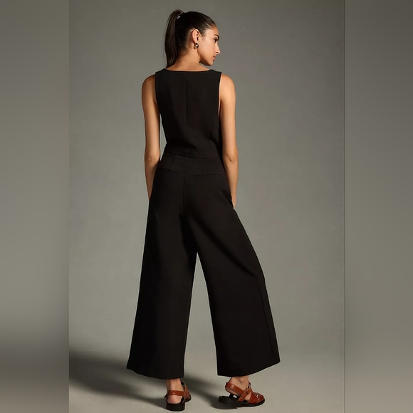 Anthropologie Maeve V-Neck Pinafore Wide-Leg Jumpsuit Black Size 10 - Picture 4 of 7